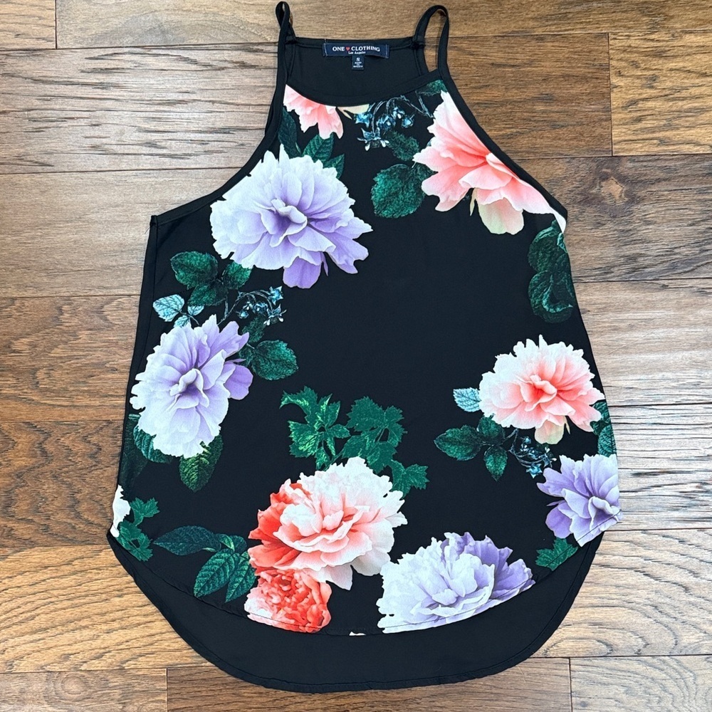Black Floral Camisole with Pink and Purple Blooms size small